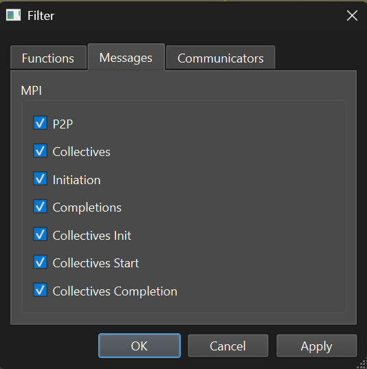 Filter dialog, Messages tab