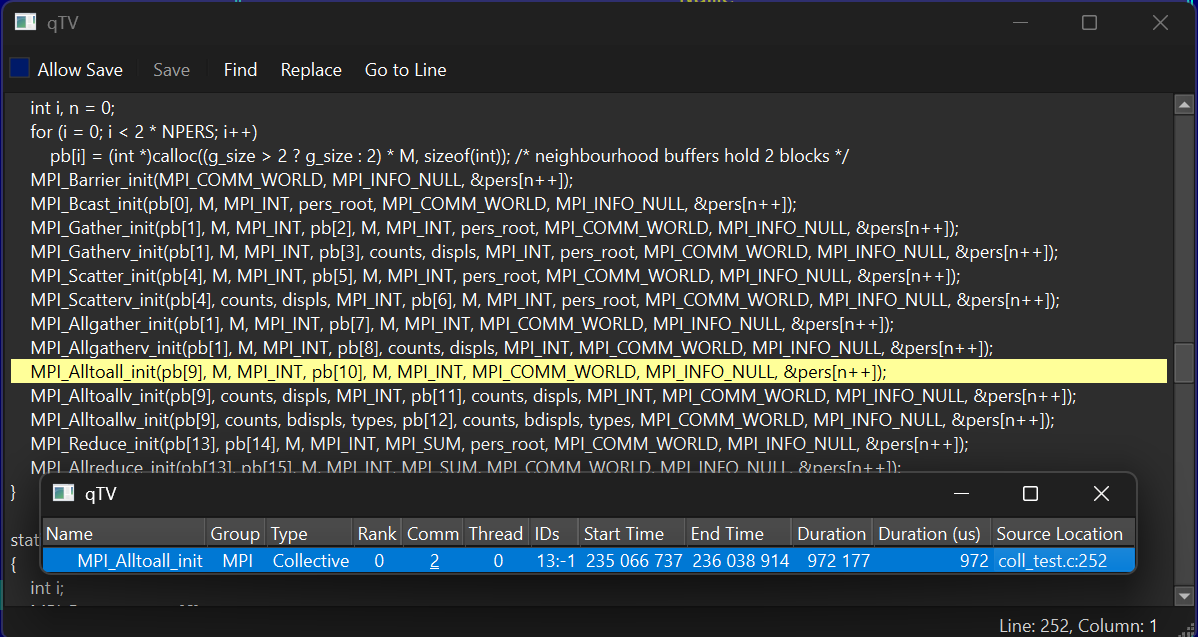Source viewer with the MPI_Alltoall_init line highlighted above the event details table